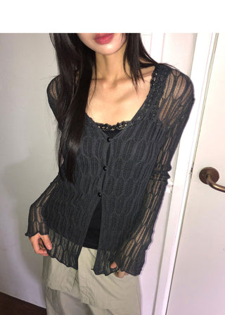 Cellu mesh see-through long-sleeved cardigan
