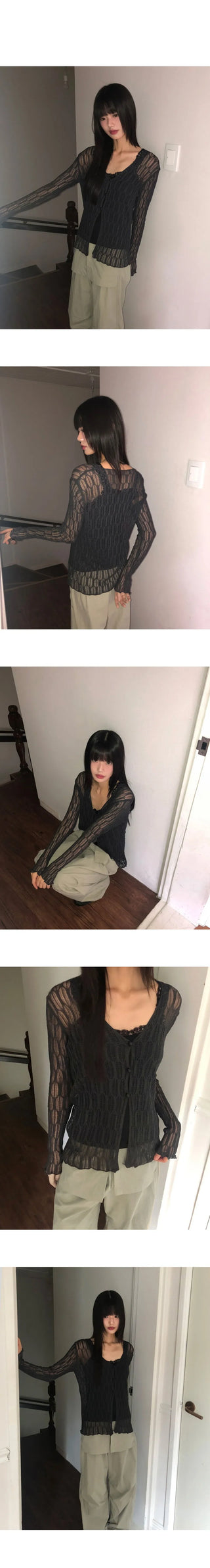 Cellu mesh see-through long-sleeved cardigan