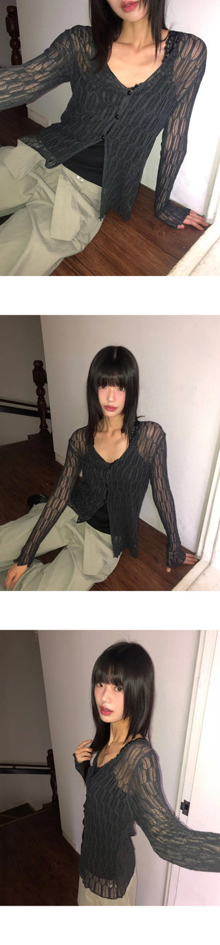 Cellu mesh see-through long-sleeved cardigan