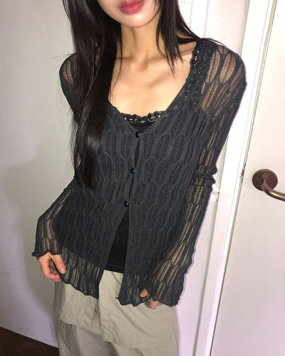 Cellu mesh see-through long-sleeved cardigan