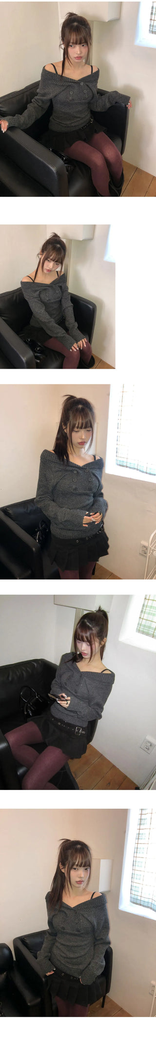 Oin Double Button Off-Shoulder Knitwear