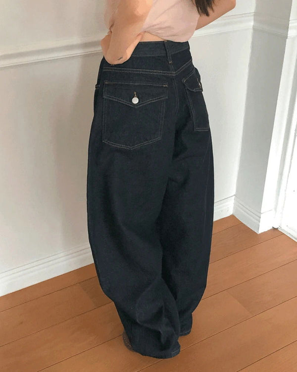 Difficult Raw denim big pocket wide long pants