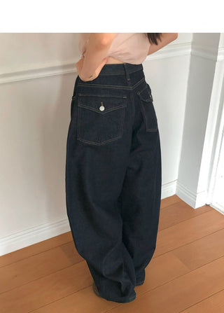 Difficult Raw denim big pocket wide long pants
