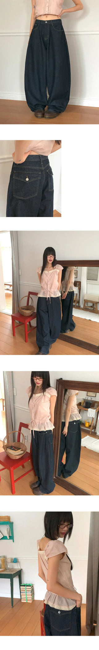 Difficult Raw denim big pocket wide long pants