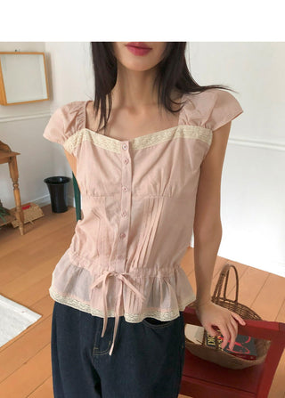 Kyohi Ribbon Pintuck Lace Short Sleeve Blouse