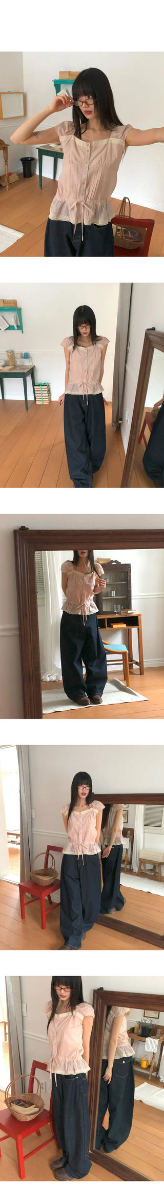 Kyohi Ribbon Pintuck Lace Short Sleeve Blouse