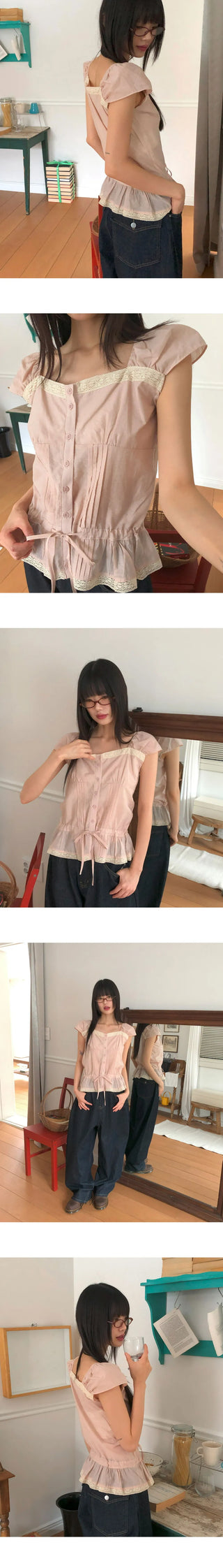 Kyohi Ribbon Pintuck Lace Short Sleeve Blouse