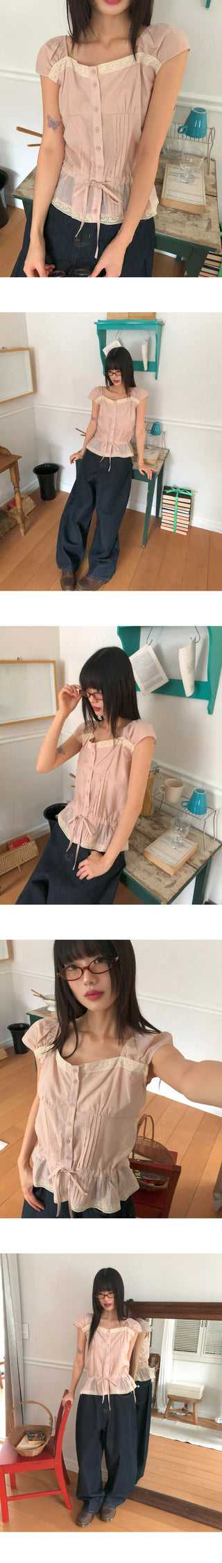 Kyohi Ribbon Pintuck Lace Short Sleeve Blouse