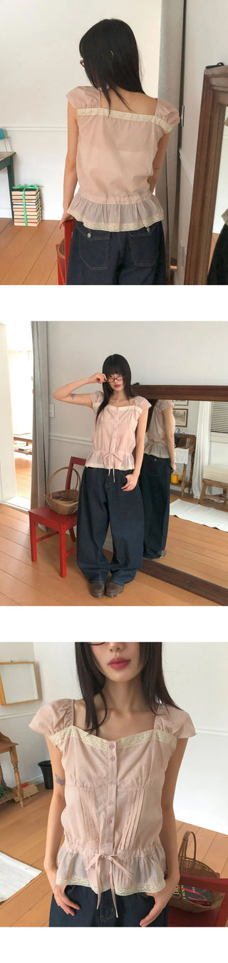 Kyohi Ribbon Pintuck Lace Short Sleeve Blouse