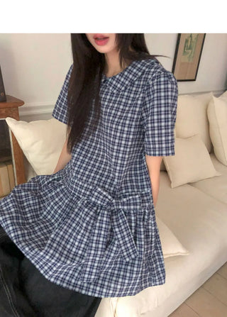 Purip Ribbon Strap Round Collar Check Mini Dress