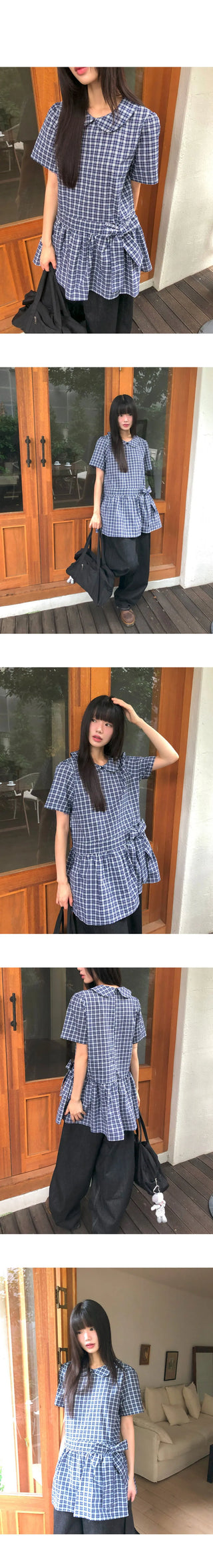 Purip Ribbon Strap Round Collar Check Mini Dress