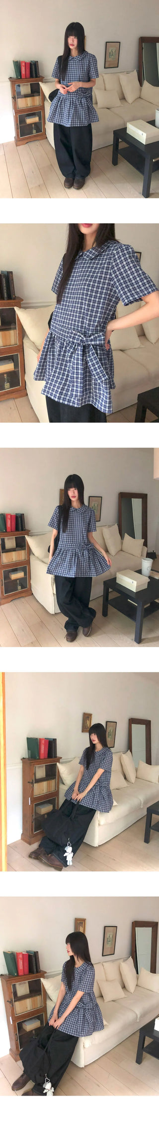 Purip Ribbon Strap Round Collar Check Mini Dress