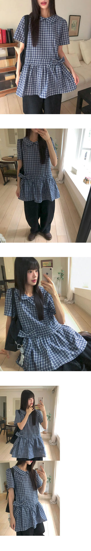 Purip Ribbon Strap Round Collar Check Mini Dress