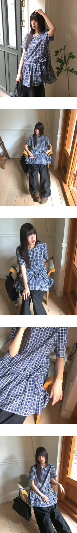 Purip Ribbon Strap Round Collar Check Mini Dress