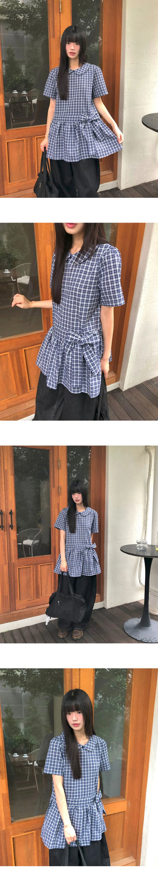 Purip Ribbon Strap Round Collar Check Mini Dress
