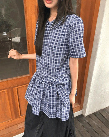 Purip Ribbon Strap Round Collar Check Mini Dress