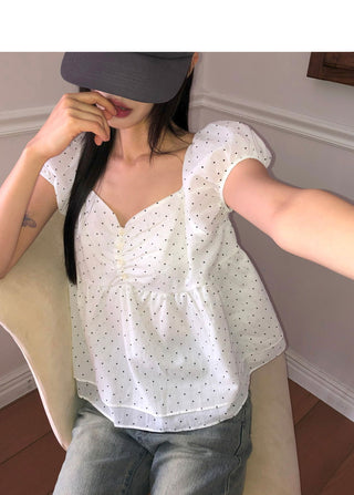 Luna Dot Shirring Puff Short Sleeve Blouse