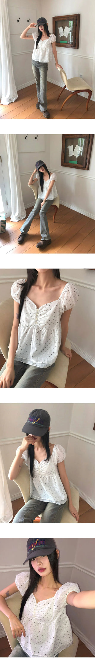 Luna Dot Shirring Puff Short Sleeve Blouse