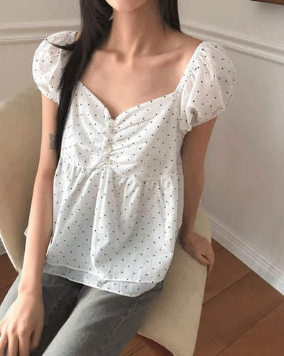 Luna Dot Shirring Puff Short Sleeve Blouse