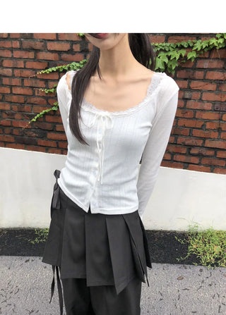 Giru Ribbon Lace Punching Long Sleeve Cardigan