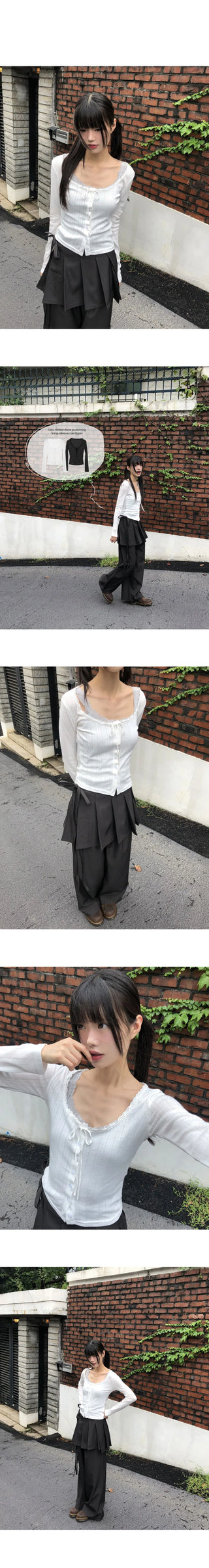Giru Ribbon Lace Punching Long Sleeve Cardigan