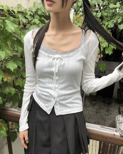 Giru Ribbon Lace Punching Long Sleeve Cardigan