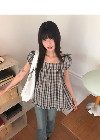 Onnit Check Square Neck Mini Short Sleeve Blouse