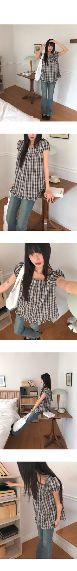 Onnit Check Square Neck Mini Short Sleeve Blouse