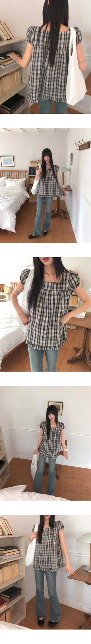 Onnit Check Square Neck Mini Short Sleeve Blouse