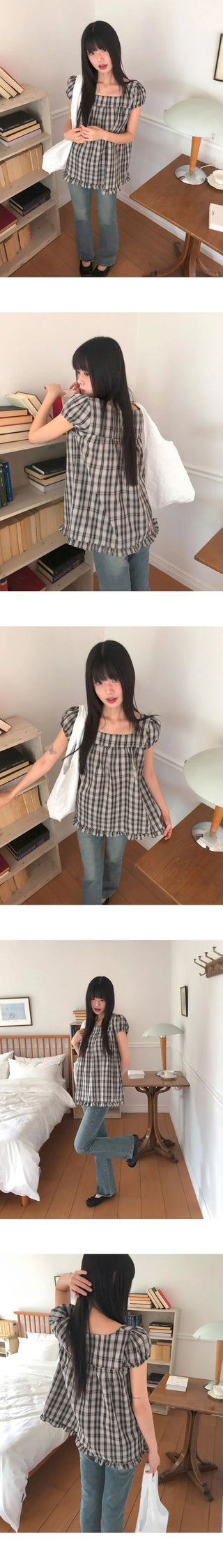Onnit Check Square Neck Mini Short Sleeve Blouse