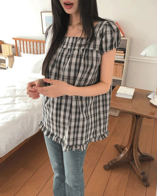 Onnit Check Square Neck Mini Short Sleeve Blouse