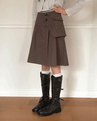 Lou Pocket Unbalanced Wrap Pleated Midi Skirt