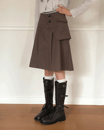 Lou Pocket Unbalanced Wrap Pleated Midi Skirt