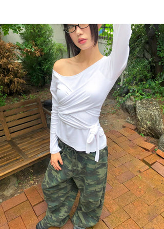 Evin Ribbon Unbalanced Layered One-Off-Shoulder Long-Sleeve T-Shirt