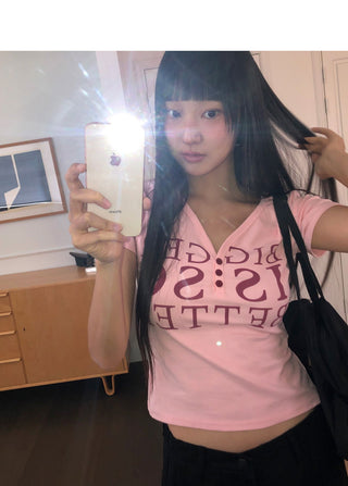 Purit Lettering Button V-Neck Short Sleeve T-Shirt