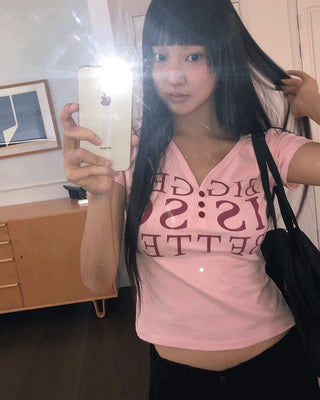Purit Lettering Button V-Neck Short Sleeve T-Shirt