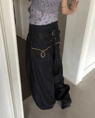Onni embroidered balloon wide denim long pants