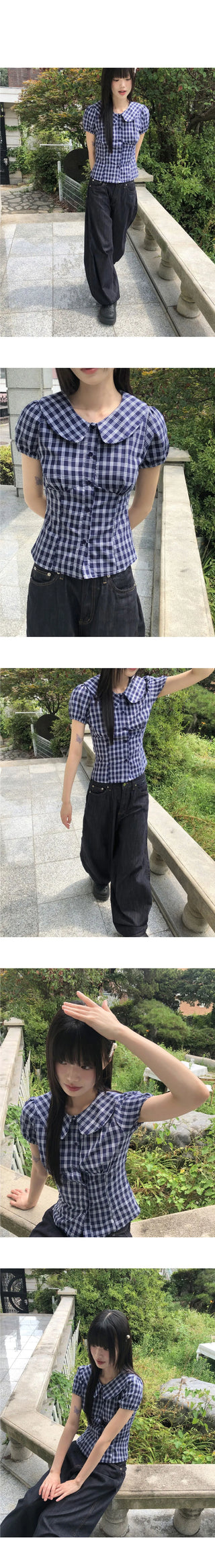 Warden round collar puff check blouse