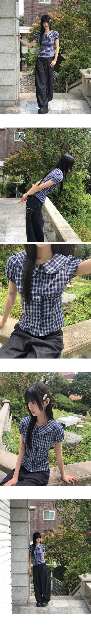 Warden round collar puff check blouse