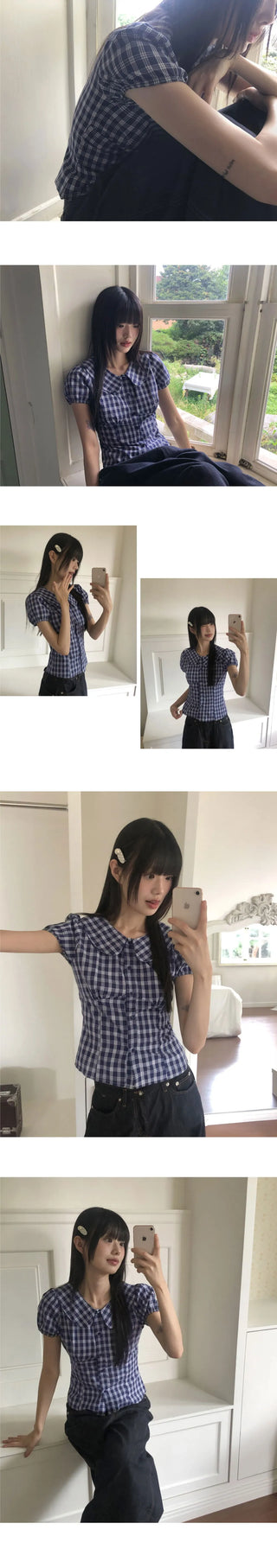 Warden round collar puff check blouse