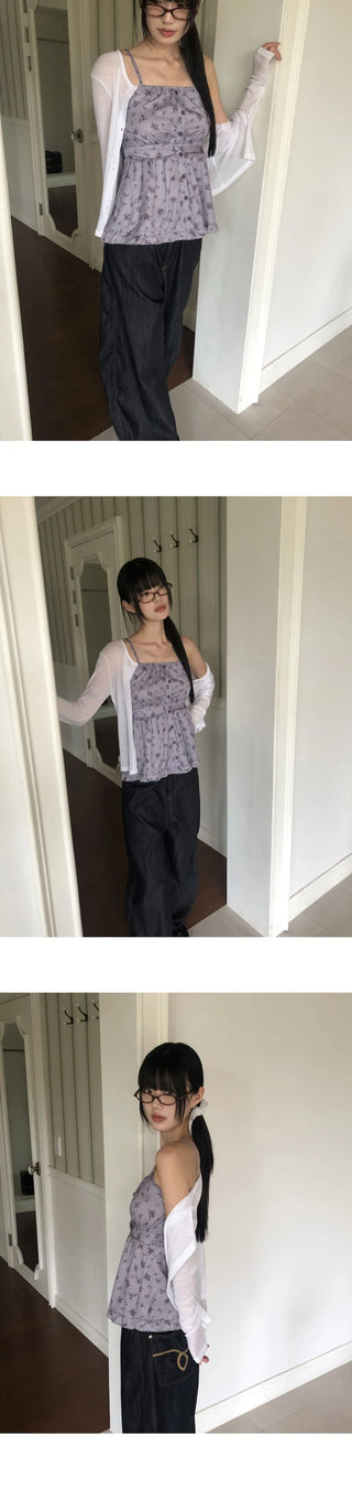 Cushing Flower Pattern Frill Sleeveless Blouse