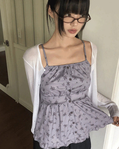 Cushing Flower Pattern Frill Sleeveless Blouse