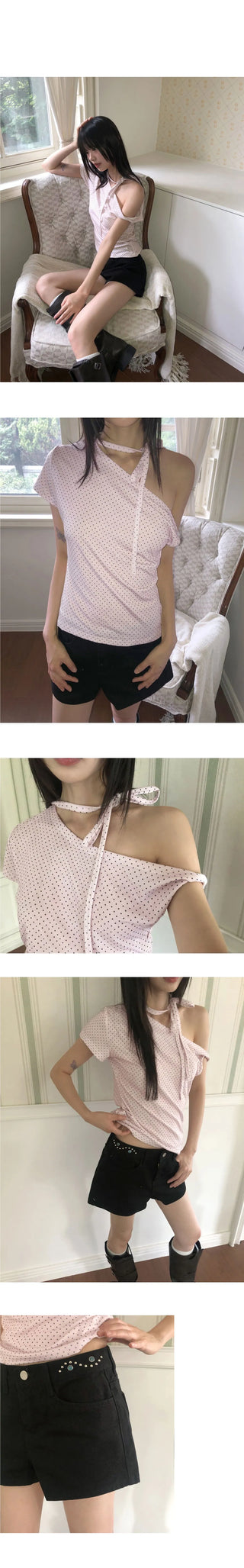 Melving Dot One Off-Shoulder Strap Short Sleeve T-Shirt
