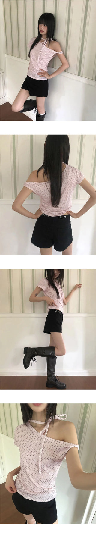 Melving Dot One Off-Shoulder Strap Short Sleeve T-Shirt