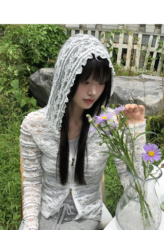 Epu Slim Fit Two-Way See-Through Lace Hooded Zip-Up