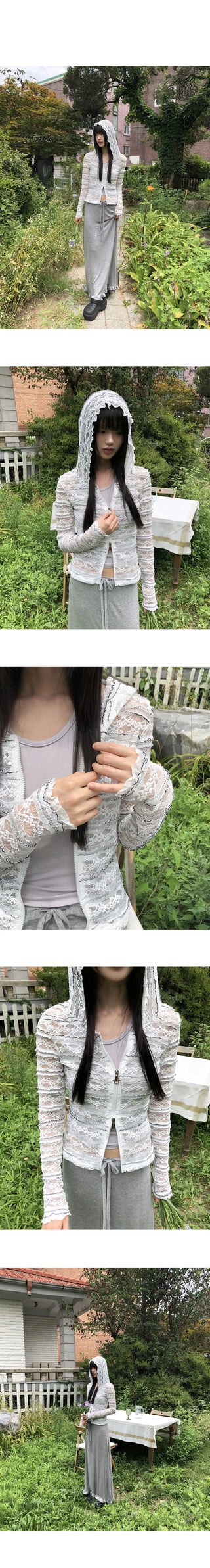 Epu Slim Fit Two-Way See-Through Lace Hooded Zip-Up