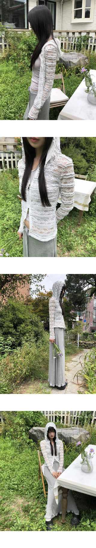 Epu Slim Fit Two-Way See-Through Lace Hooded Zip-Up