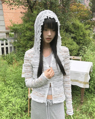 Epu Slim Fit Two-Way See-Through Lace Hooded Zip-Up