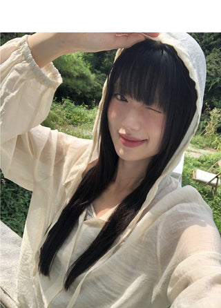 Gali See-Through Strap Hooded Long Sleeve Cardigan