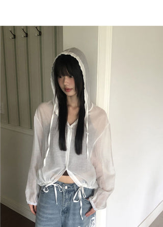 Gali See-Through Strap Hooded Long Sleeve Cardigan